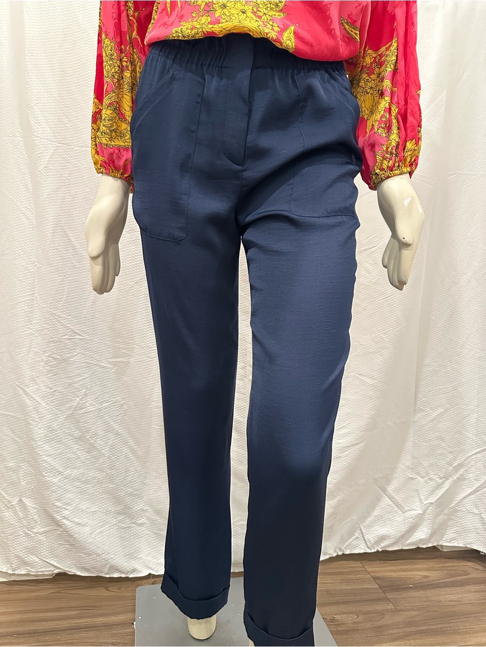 NWT BCBGMaxAzria Bennet Navy Elastic-Waist Straight-Leg Trousers
